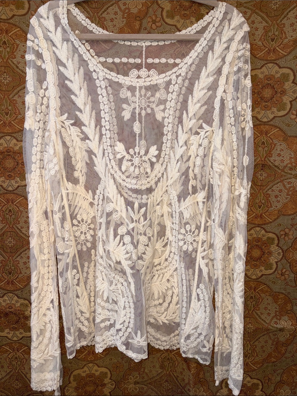 XL Sheer Embroidered Long-Sleeve Top - Cream